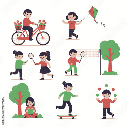 Children enjoying outdoor activities: cycling, kite flying, badminton, skateboarding, reading, juggling