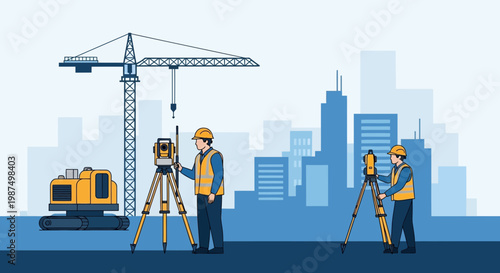 Construction Workers Using Surveying Equipment With Crane And Cityscape Vector Illustration