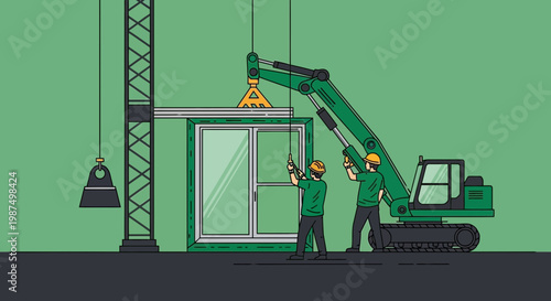 Construction Workers Utilizing Machinery to Install Window Frame on Building Structures