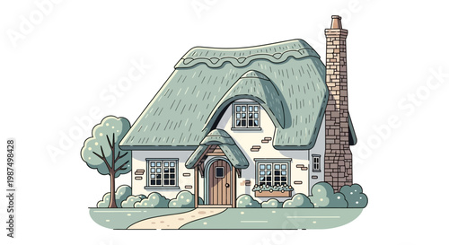 Charming cottage illustration with thatched roof and garden path on white background
