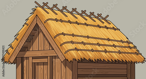 Cartoon wooden building with a thatched roof against a neutral backdrop