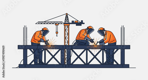 Construction Workers Welding Steel Beams For Building Bridge in Graphic Style Design