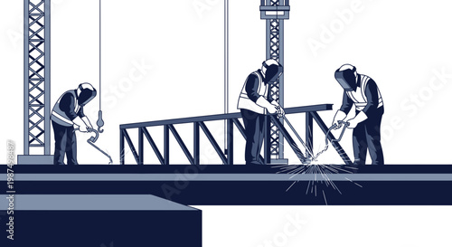 Construction Workers Welding Steel Beams On A Building Framework Illustration.