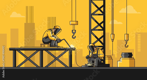Construction Workers Welding Steel Beams On A Building Site With Illustration