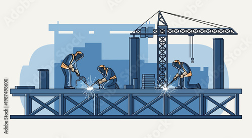 Construction Workers Welding Steel Structure During A Building Development with crane