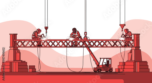 Construction Workers Welding Steel Structure of A Bridge Building Project Under Construction