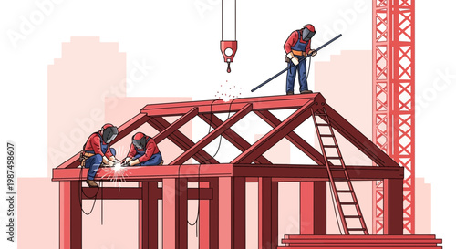 Construction Workers Welding Steel Structure of a House on a Building Site with a Crane