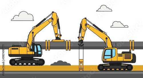 Depiction Of Pipeline Construction With Two Excavators Working Diligently Together