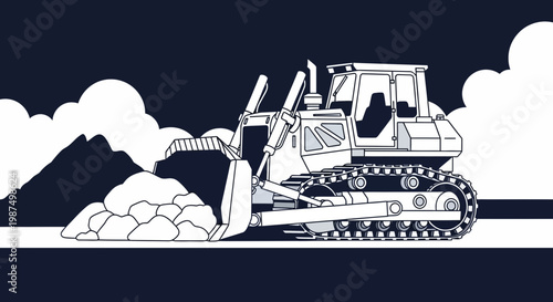 Dozer In Action Pushing Earth Amidst Mountains And Clouds In Distinct Style