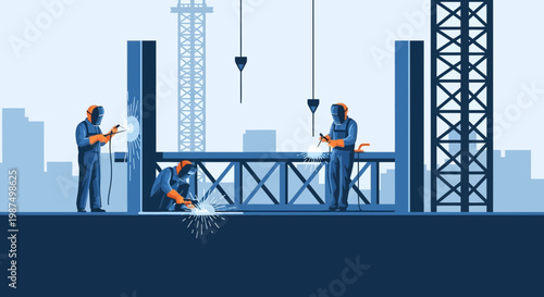 Construction Workers Welding Steel Structure of Modern Building With Panoramic City View