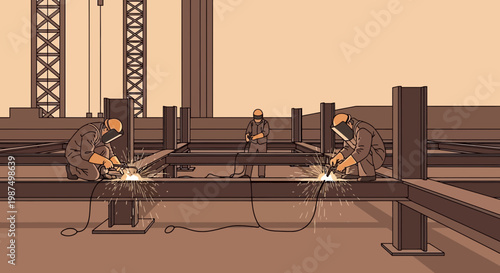 Construction Workers Welding Steel Structure on Building Site Under Toned Color Sky