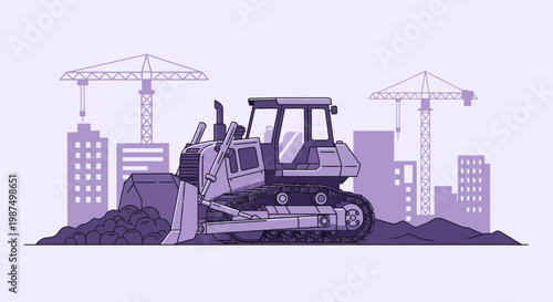 Dozer Working On A Construction Site with Cranes and Buildings in a Simple Cartoon Look