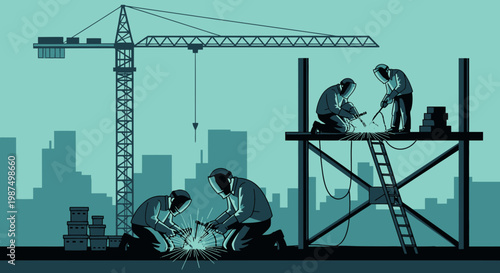 Construction Workers Welding Steel Structure Silhouette Against City Backdrop Illustrating Modern