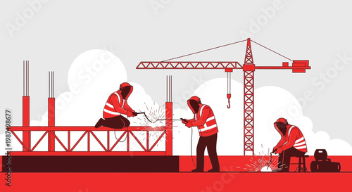 Construction Workers Welding Steel Structure Silhouette on Building Site with Crane