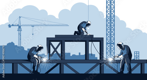 Construction Workers Welding Steel Structure Silhouette Illustration With Blue Tones