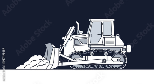 Dozer Working on Construction Site in Minimalist Style and Flat Design for Illustration