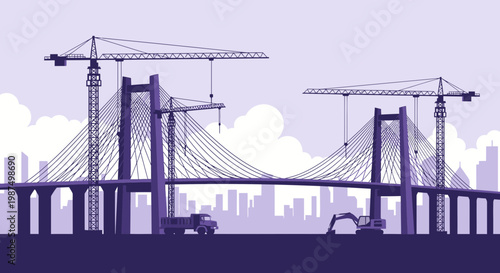 Dramatic Construction of A Modern Suspension Bridge, Engineering Project in Progress