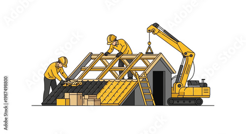 Construction Workers Working Together on a New Roof, House Renovation, And Building Project