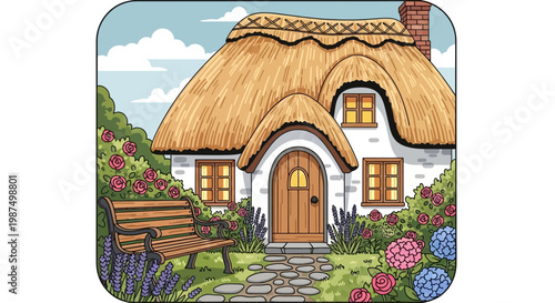 Charming thatched roof cottage illustration with garden bench and flowers