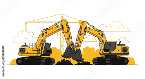 Dual Excavators In Action Against Neutral Background, Working on A Construction Site