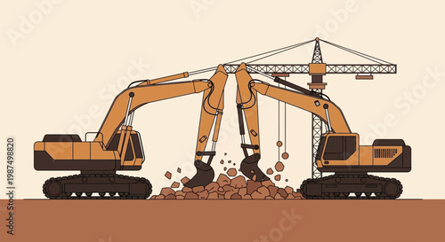 Dual Excavators In Action Constructing Earthworks With A Crane, Minimalist Design