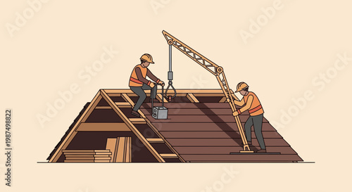 Construction Workers Working Together on a Roof with Crane Illustrated Seamlessly