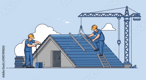 Construction Workers Working Together on a Roof, Using a Crane in a Visual Style