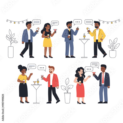 Diverse people socializing and toasting at a party with speech bubbles
