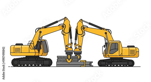 Dual Excavators In Action, Performing a Meticulous Task on a Construction Site or Project