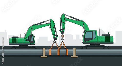 Dual Excavators Lifting and Positioning a Pipe Segment in an Urban Setting Illustration