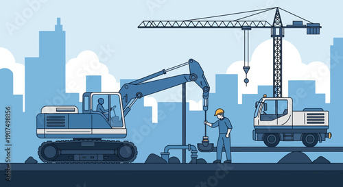 Construction Workforce Operates Excavator And Crane in Cityscape During Development Phase