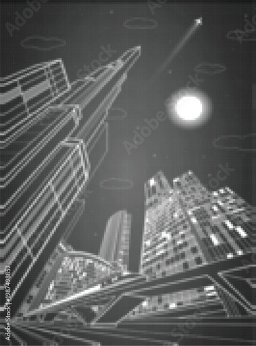 Halftone city skyline silhouette with reflection, urban landscape vector illustration