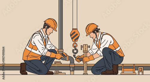 Efficient Plumbing Assembly: Workers Collaborating on Pipeline System Installation Project