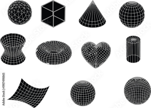 Black wireframe 3D geometric shapes collection including sphere cube cone torus heart and cylinder isolated on white background vector illustration