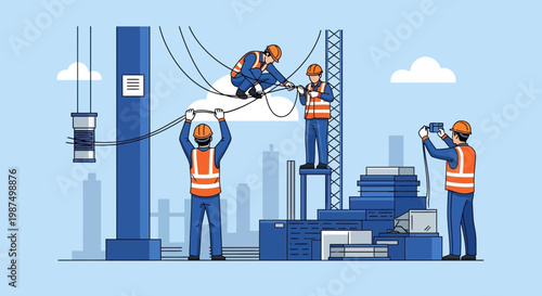 Electrical Workers Teamwork Performing High Voltage Wiring Maintenance in City