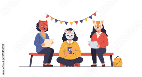 Cute Animal Costumed Characters Using Digital Devices at Social Event