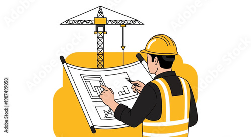 Engineer Inspecting Building Blueprint Near A Construction Crane For Project Planning Purposes