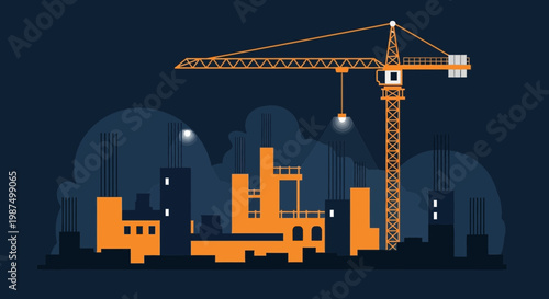 Evening Construction Site Depiction With Tower Crane Illustrating Building Development Process