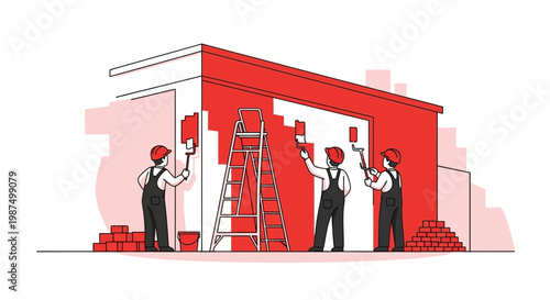 Craftsmen Painting Building Exterior, Construction Workers Applying Vibrant Red Paint