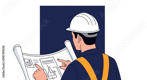 Engineer Inspects Architectural Blueprint And Plans Construction Project Illustration