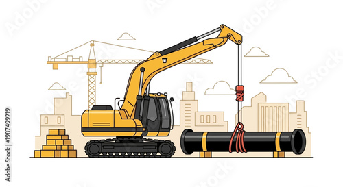 Excavator Lifting a Pipe at Construction Site with Crane and City in Background