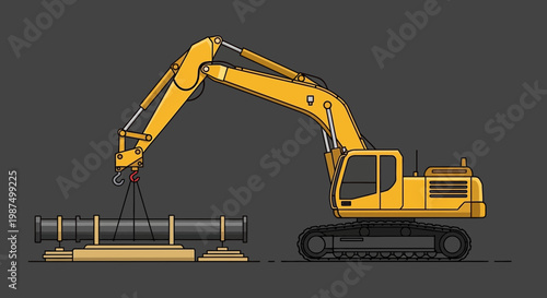 Excavator Lifting Construction Pipe in Flat Illustration Against Grey Background