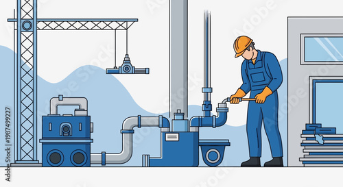 Engineer Inspecting Plumbing in Building, Construction Site with Crane Overhead View
