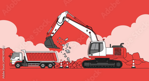 Excavator Loading Dump Truck, Construction Site, Earthworks, And Heavy Equipment Work