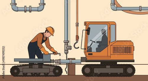 Engineer Repairing Pipes Using A Heavy Machine, Construction, And Industrial Vector Illustration