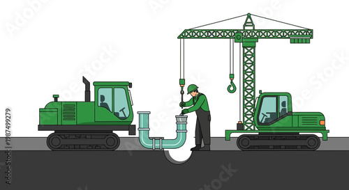 Engineer Working With Construction Machinery Installing Water Piping System on Site