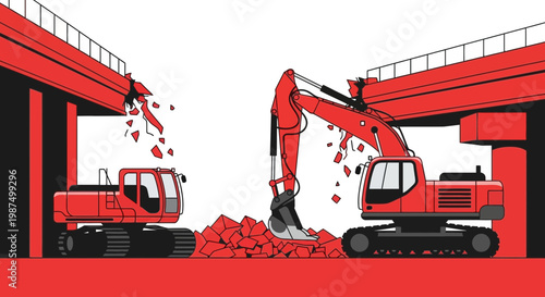 Excavators Demolishing Infrastructure in a Vibrant Red, Black, and White Construction Scene