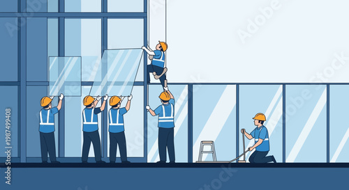 Glass Installation Crew Working Together Constructing Modern Building Exterior