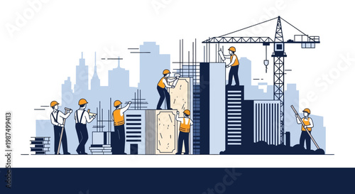 Graphic Illustration Depicting Engineering Project, Urban Construction, And Labor Force