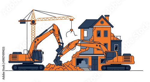 House Demolition Process Illustrated with Excavators and Cranes in Vector Graphics Style